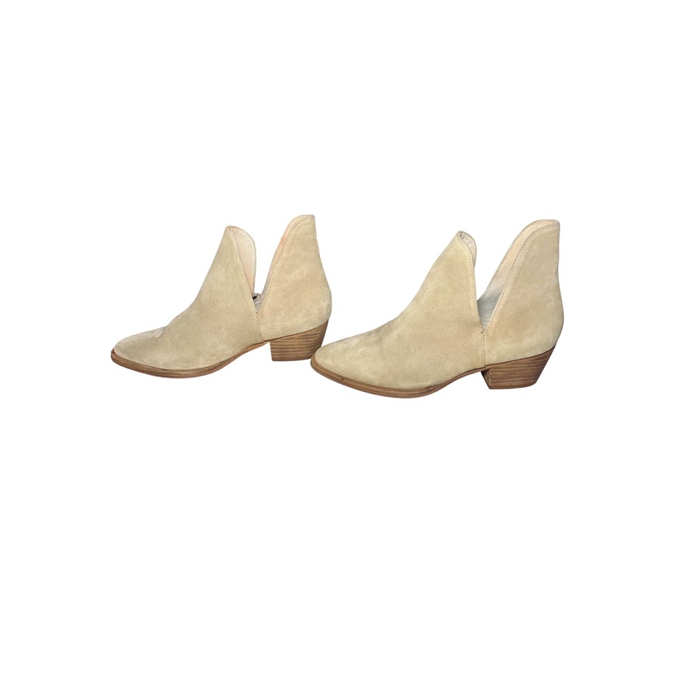 Free People Suede Ankle Slip On Booties Beige V Cut Stacked Heel Womens 7.5 Boho - Picture 7 of 9